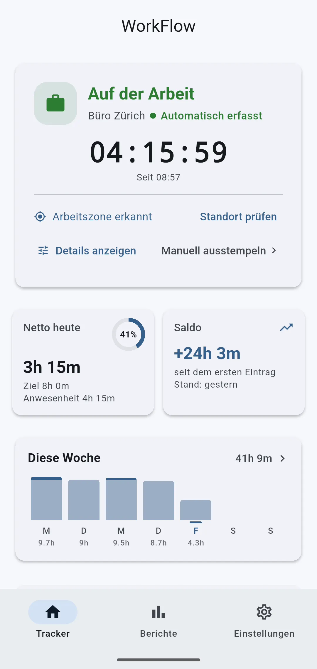 WorkFlow-Dashboard mit automatisch erfasster Arbeitszeit, Tagesübersicht und Überstunden-Saldo