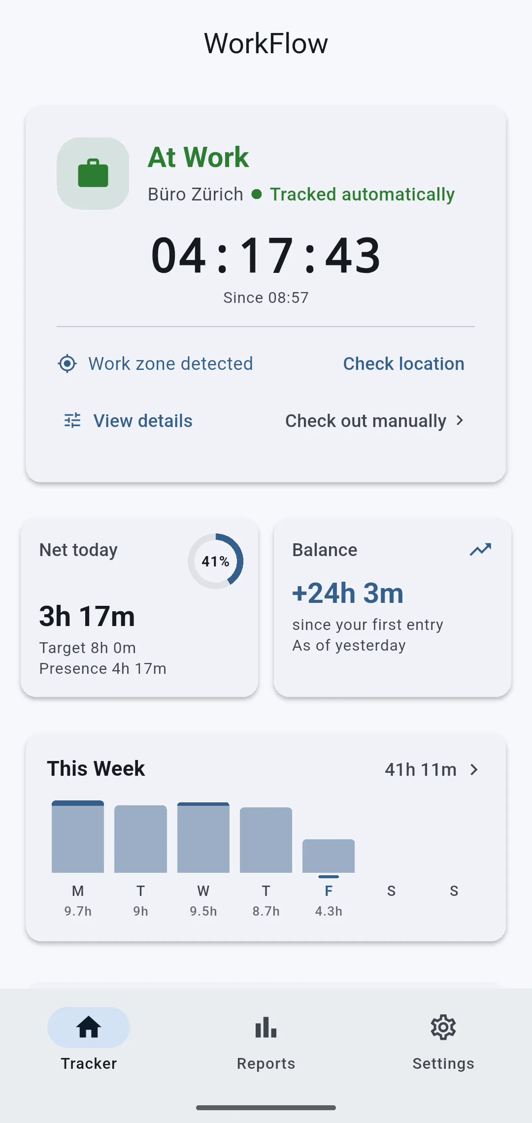 WorkFlow dashboard with automatically tracked working time, today's overview and the overtime balance