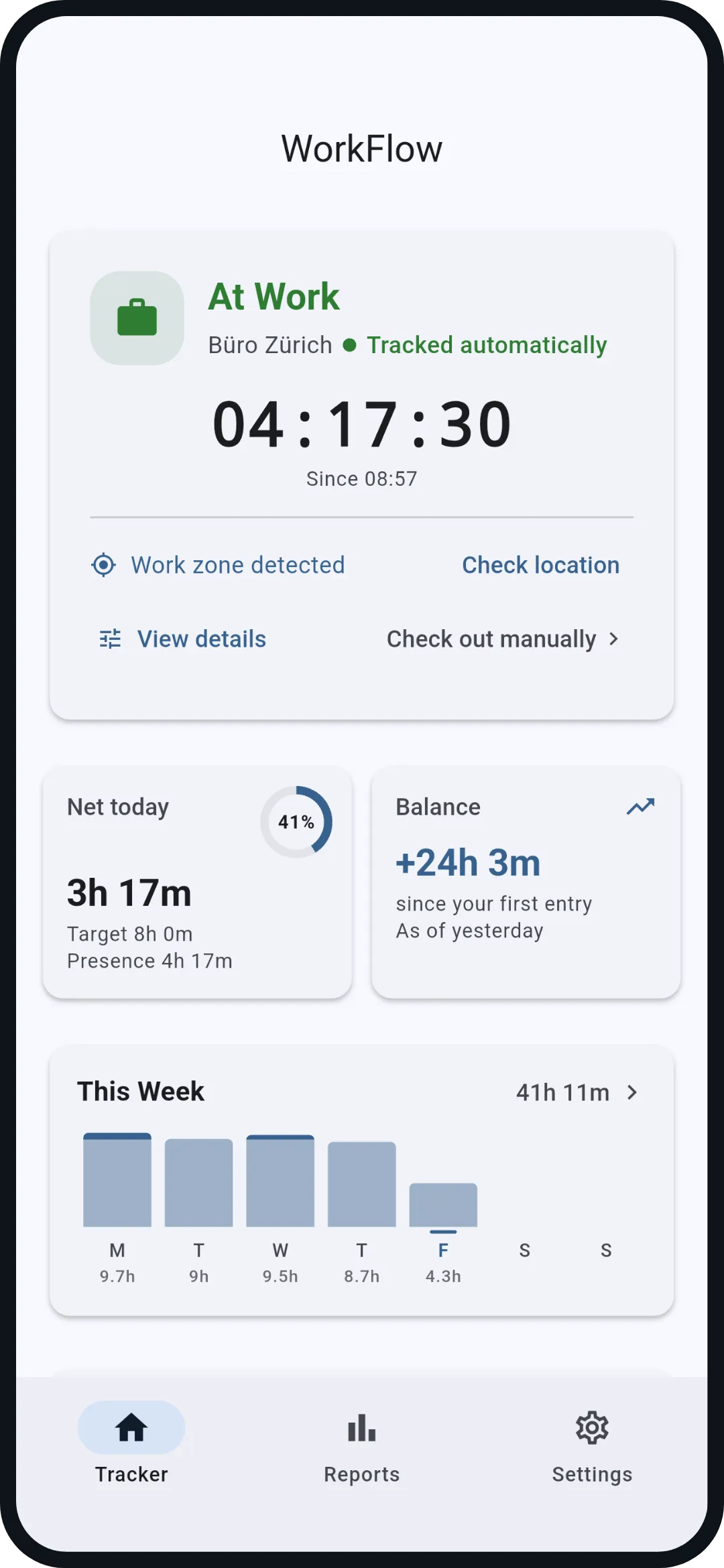 Tracker: The home screen: status and running timer, below it net today against your daily target and the overtime balance, then the week as bars.