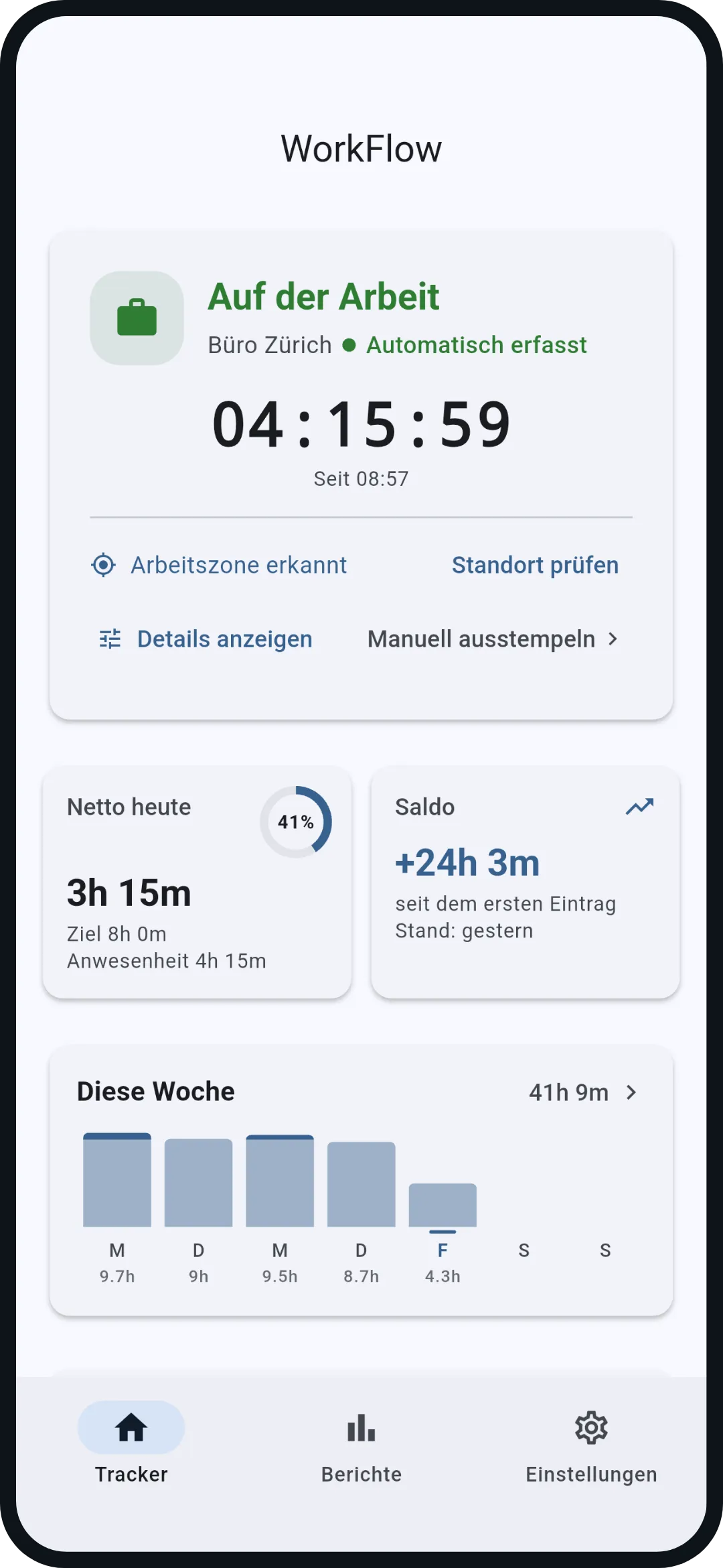 Tracker: Der Startbildschirm: Status und laufender Timer, darunter Netto heute gegen dein Tagesziel und der Überstunden-Saldo, dann die Woche als Balken.