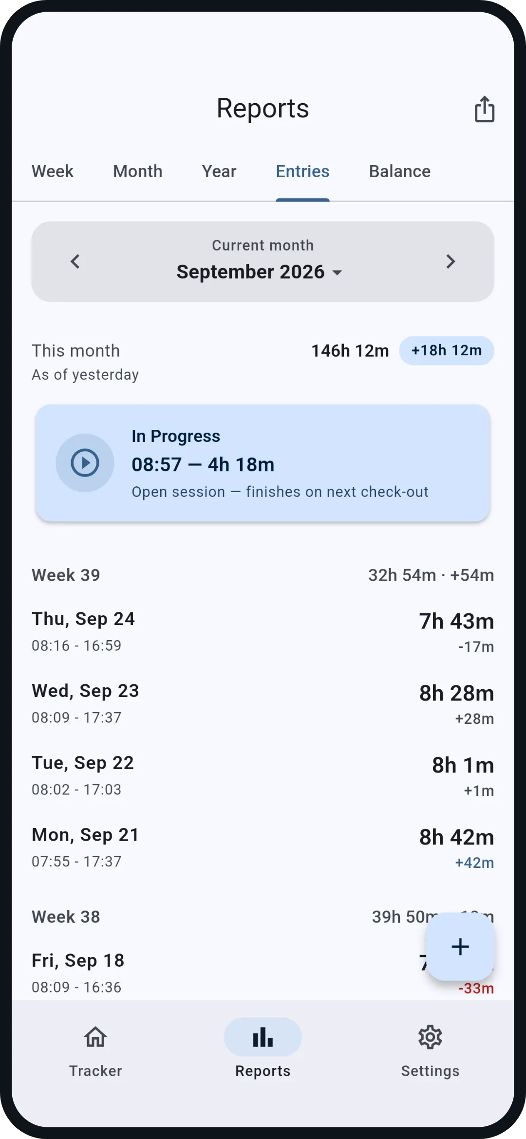 Entries: Every day with start, end, net and deviation, grouped by calendar week. In this preview you can open September 24.
