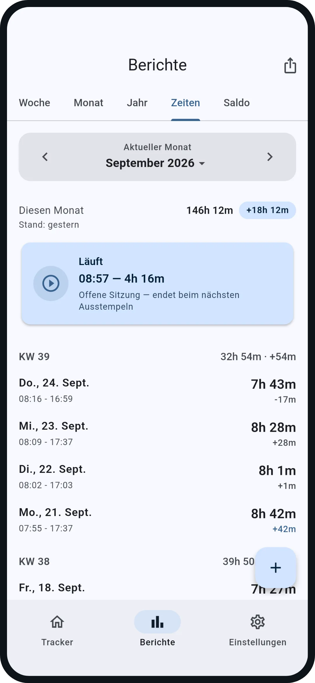 Zeiten: Jeder Tag mit Beginn, Ende, Netto und Abweichung, gruppiert nach Kalenderwoche. In dieser Vorschau kannst du den 24. September öffnen.