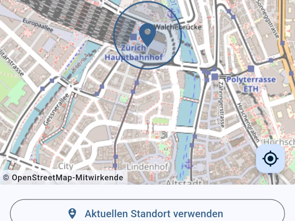 Karte mit dem Arbeitsort Zürich Hauptbahnhof und dem Radius, darunter der Knopf Aktuellen Standort verwenden