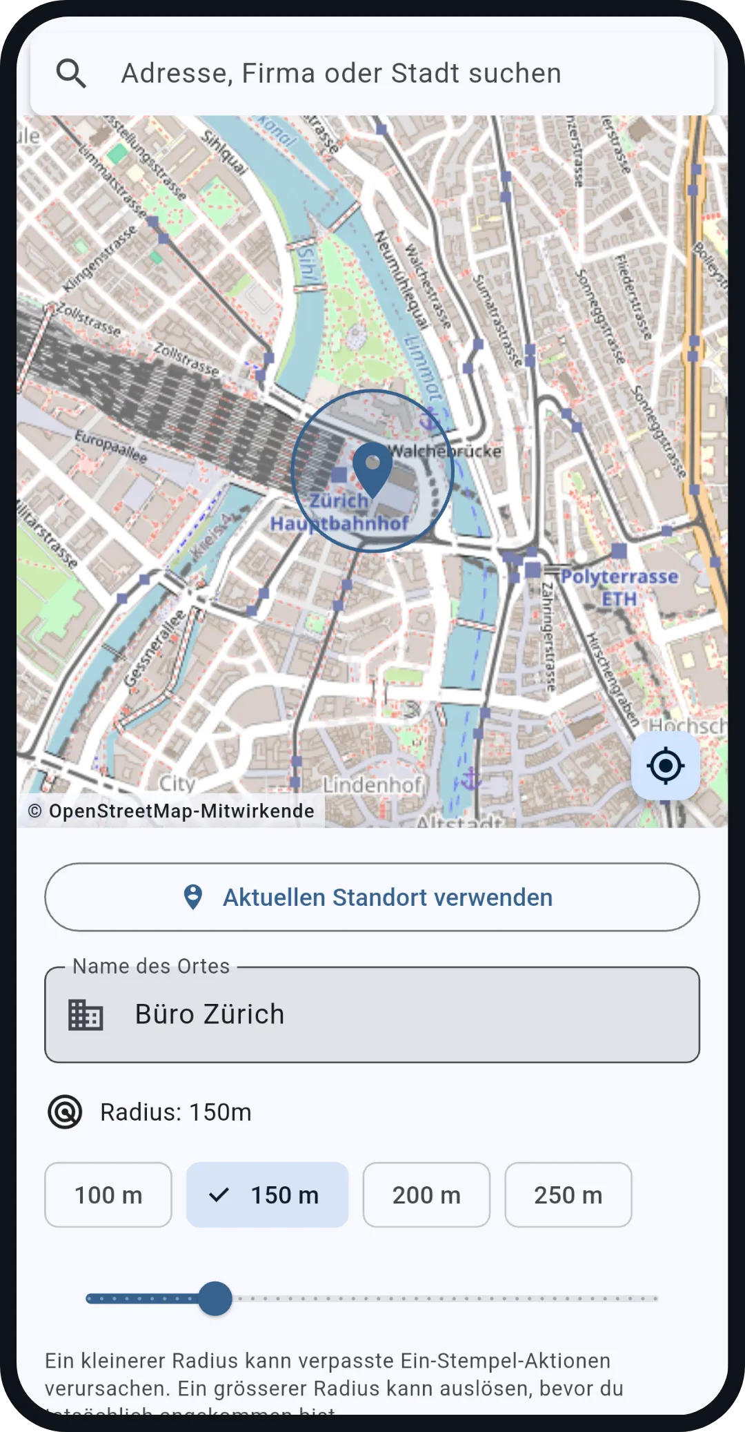 Karte mit Arbeitsort und Radius beim Einrichten