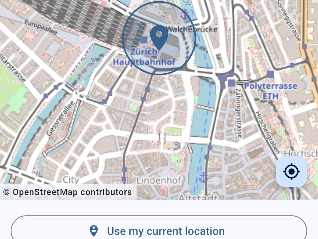Map with the workplace Zurich main station and its radius, below it the button Use current location