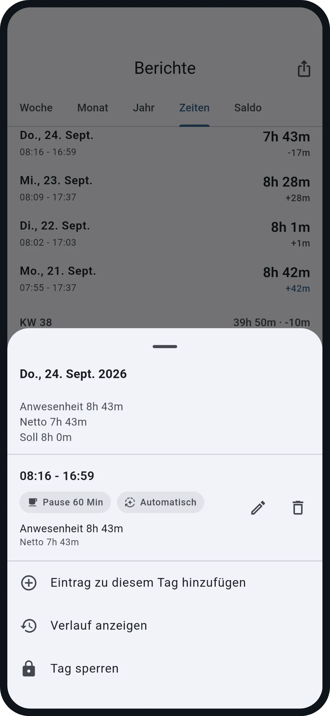 Tagesdetails: Der 24. September im Detail: 8h 43m Anwesenheit, 60 Minuten Pause, 7h 43m Netto, 17 Minuten unter Soll. Dazu Eintrag ergänzen, Verlauf anzeigen und Tag sperren.