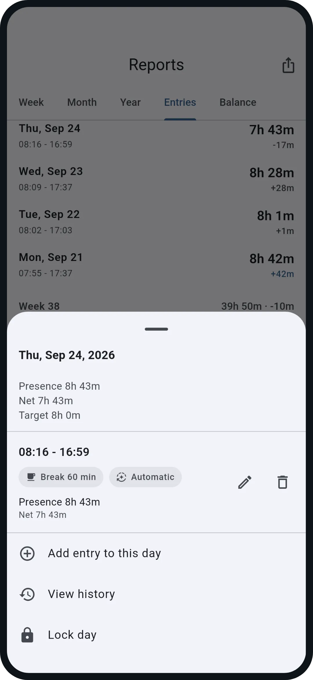 Day details: September 24 in detail: 8h 43m presence, a 60 minute break, 7h 43m net, 17 minutes below target. Plus add an entry, show the history and lock the day.
