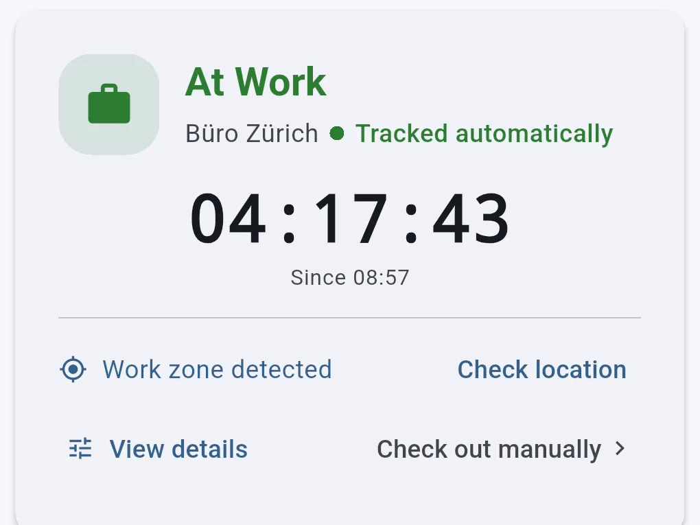 Status card At work, Zurich office, tracked automatically, timer 04:15:59