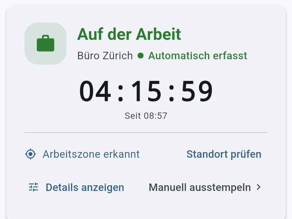 Statuskarte Auf der Arbeit, Büro Zürich, automatisch erfasst, Timer 04:15:59
